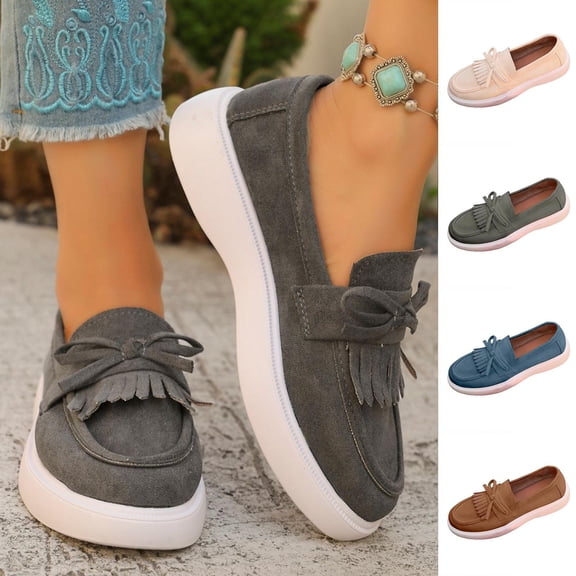 Women's Tassel Loafers for Women Trendy Round Toe Faux Suede Bow Tassel Slip On Shoes Comfortable Thick Sole Casual Dress Shoes Spring Summer Fashion Plus Size Wide Width Grey Shoes for Women