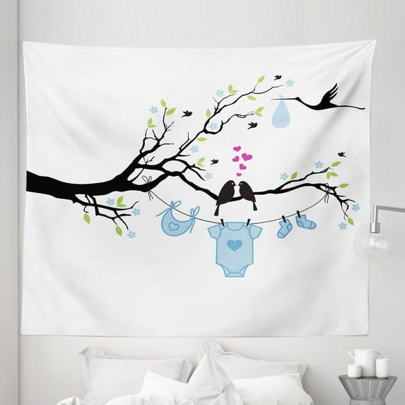 Tree Tapestry, Love Birds on the Tree and Clothes Hanging Design, Fabric Wall Hanging Decor for Bedroom Living Room Dorm, 5 Sizes, Lime Green Pale Blue, by Ambesonne