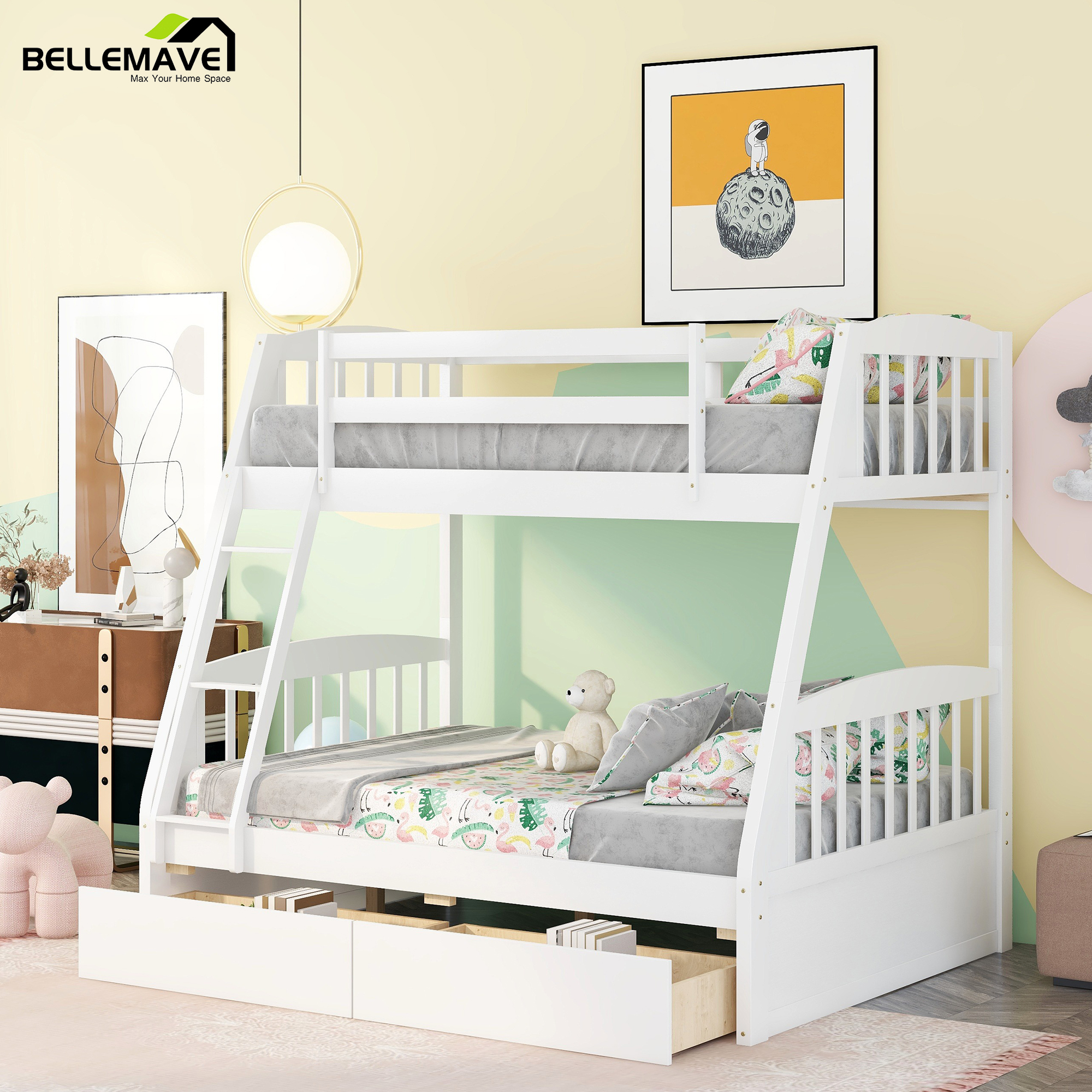 Bellemave Wood Twin over Full Bunk Bed with Storage Drawers