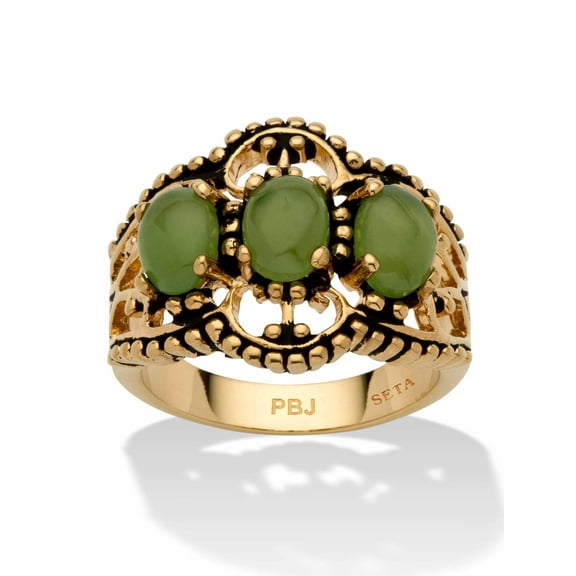 PalmBeach Jewelry Oval Genuine Green Jade Antiqued Yellow Gold-Plated Triple-Stone Filigree Ring