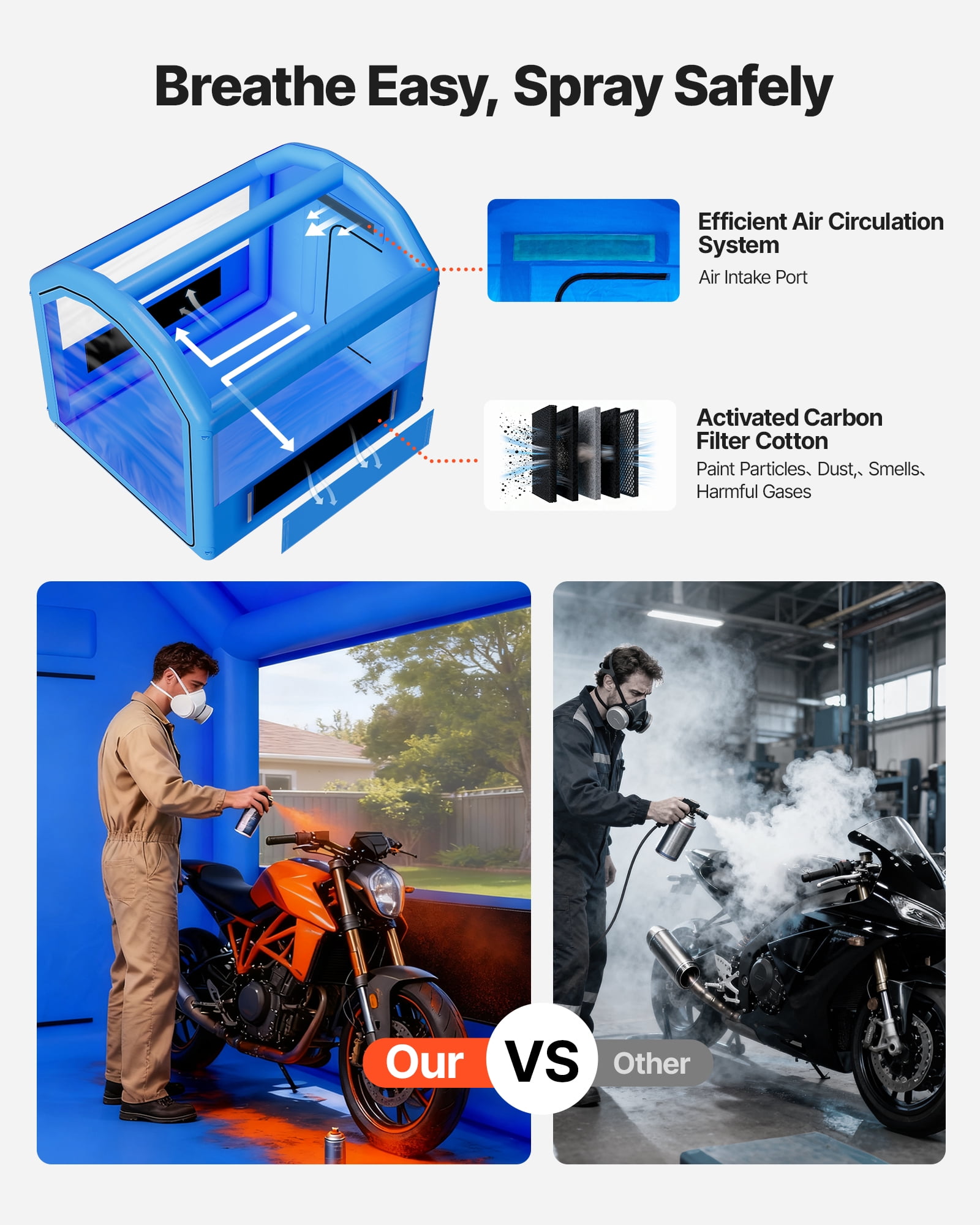 VEVOR Inflatable Paint Booth, 9.84 x 8.2 x 8.2 ft, Inflatable Spray Booth with 550W Powerful Blower and Air Filter System, Round Roof, for Painting Bicycle, Motorcycle, and Automotive Sheet Metal
