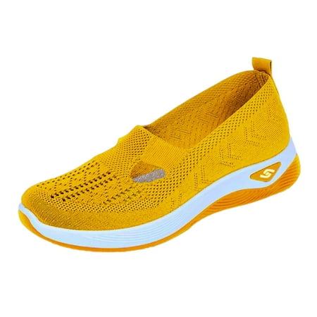 hopeusnice Clearance Women s Breathable Mesh Slip On Sneakers Walking Shoes Comfortable Lightweight Breathable Flat Loafers Casual Shoes Yellow 42