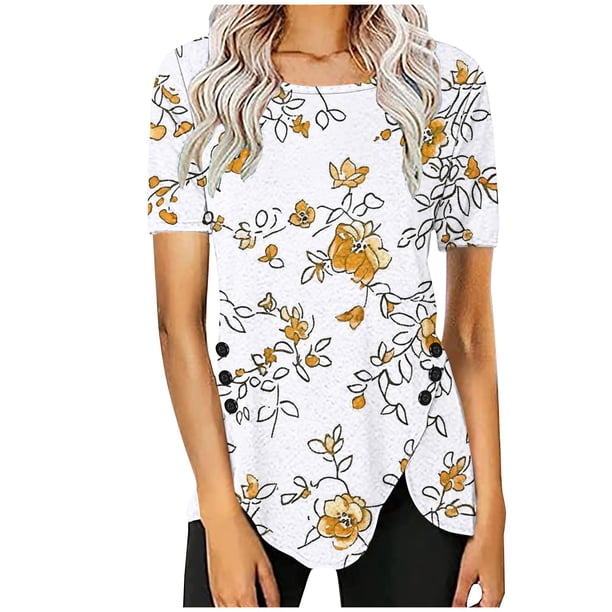 Blusas de Manga Corta para las Mujeres Botón Impreso Cuello Redondo Top Casual, Blusas para las Mujeres Casual