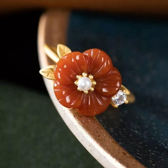 K-KED Red Jade Flower Rings 925 Silver Women Natural Delicate Jewelry Adjustable Ring