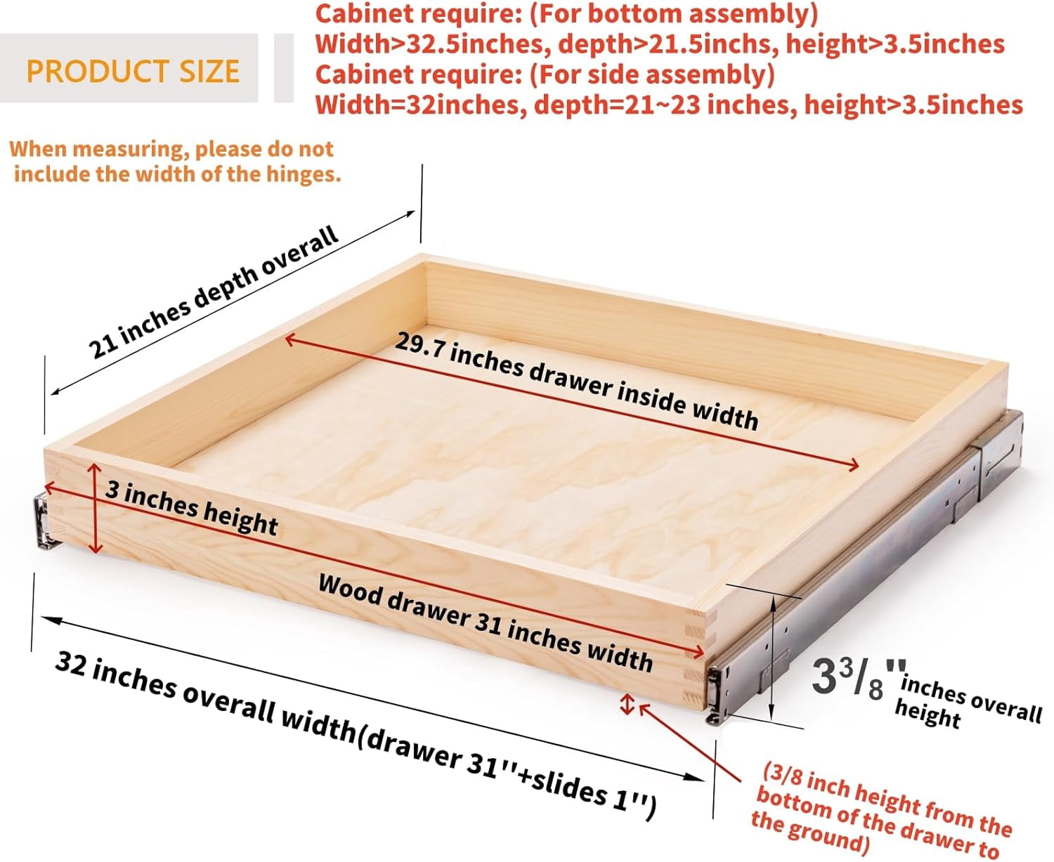 32''W x 21''D x 3''H Pull Out Cabinet Drawer Soft Close Slide Out Wood Organizer for Kitchen, Finished, Bottom and Side Assembly (Wood Drawer Part Width is 31inch)