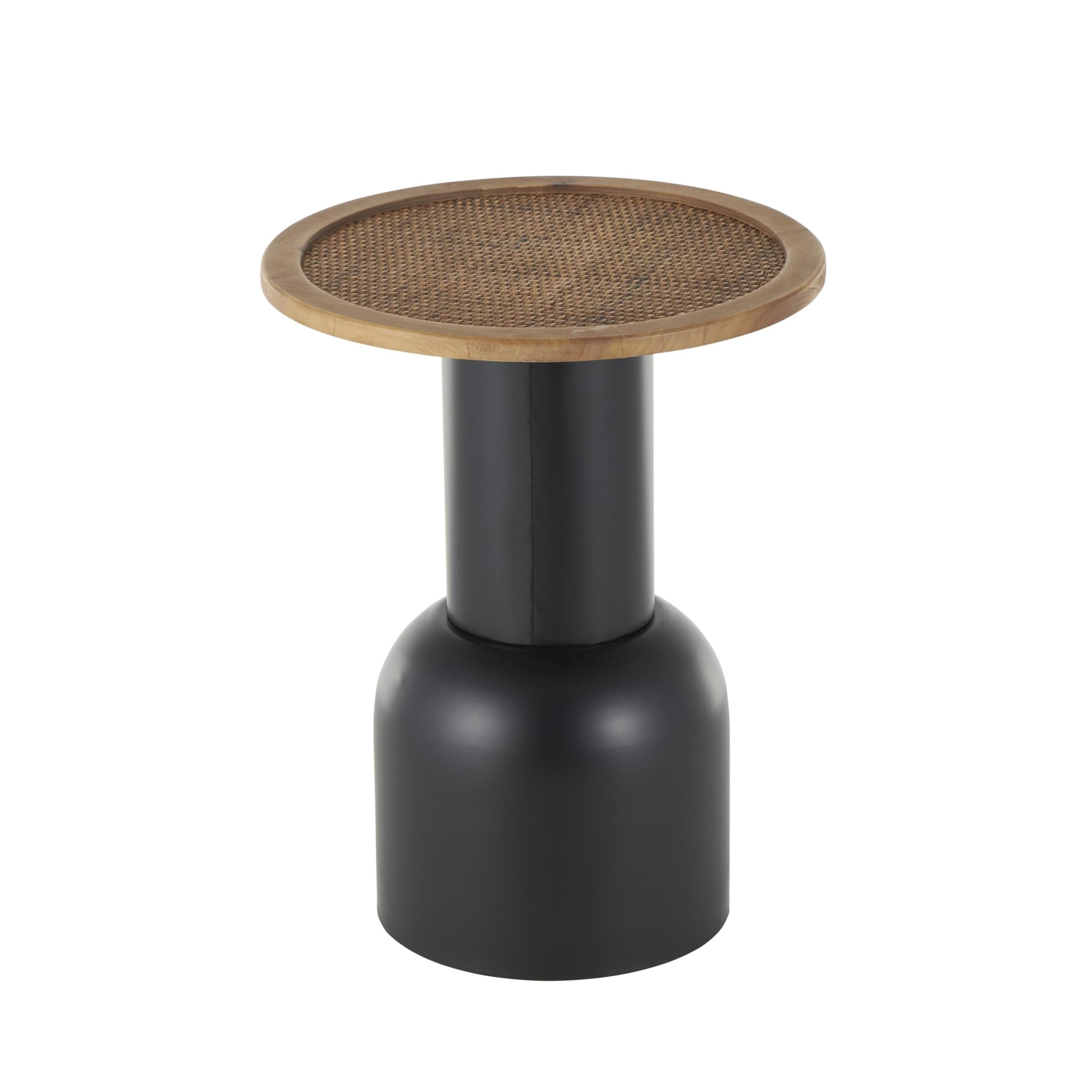 DecMode 16" x 20" Black Metal Handmade Pedestal Accent Table with Brown Rattan Tabletop, 1-Piece