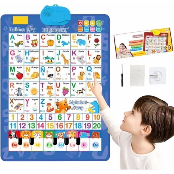 Bilingual Talking Wall Chart for Kids - English & Spanish Interactive Alphabet ABC Poster with Sound, Numbers, Animal Words & Piano, Educational Toy for 1-6 Learning