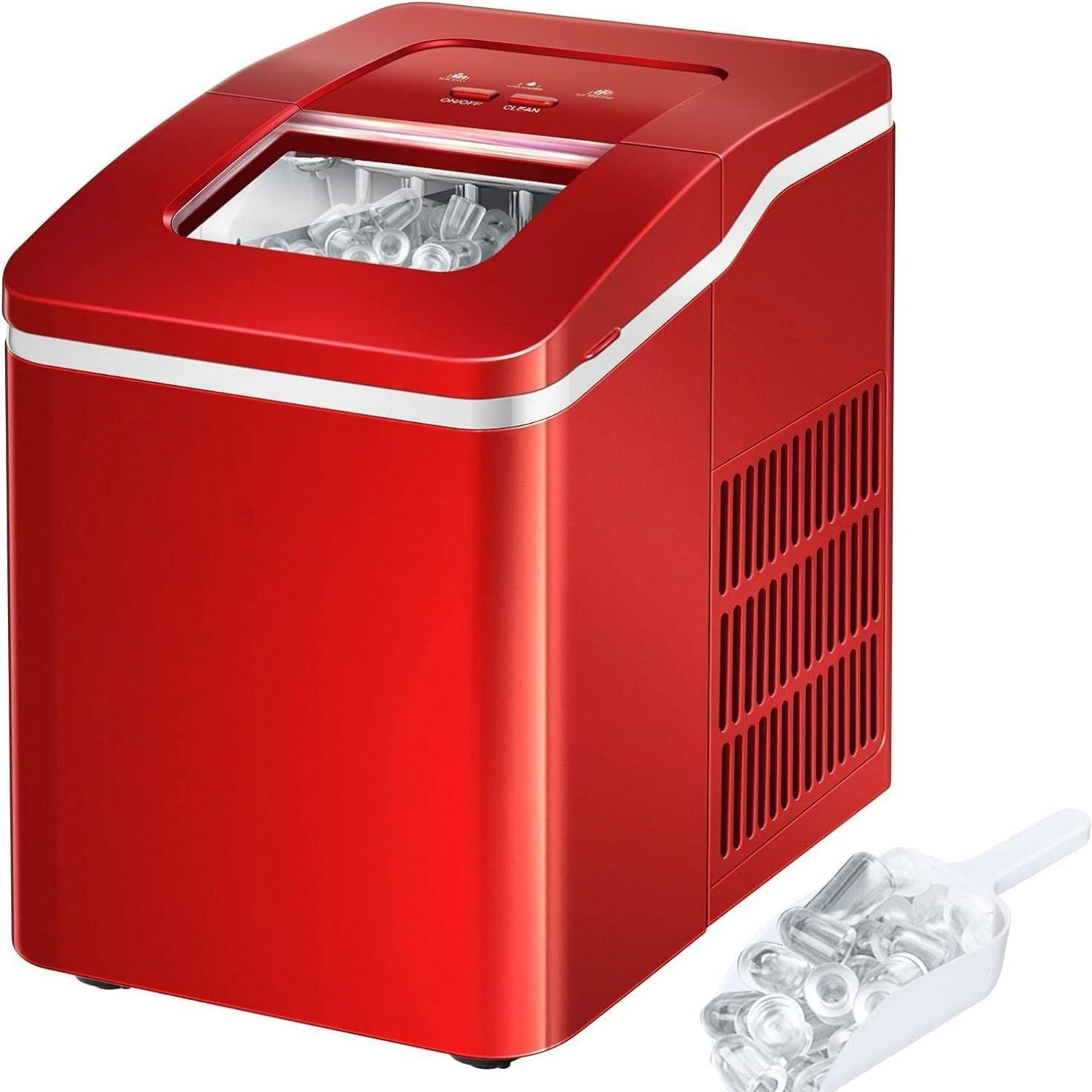 Portable Ice Maker Machine for Countertop, Ready in 8 Mins, 26LBS/24H, Electric Ice Maker with Scoop and Basket for Home, Office, Party, Bar (Red)