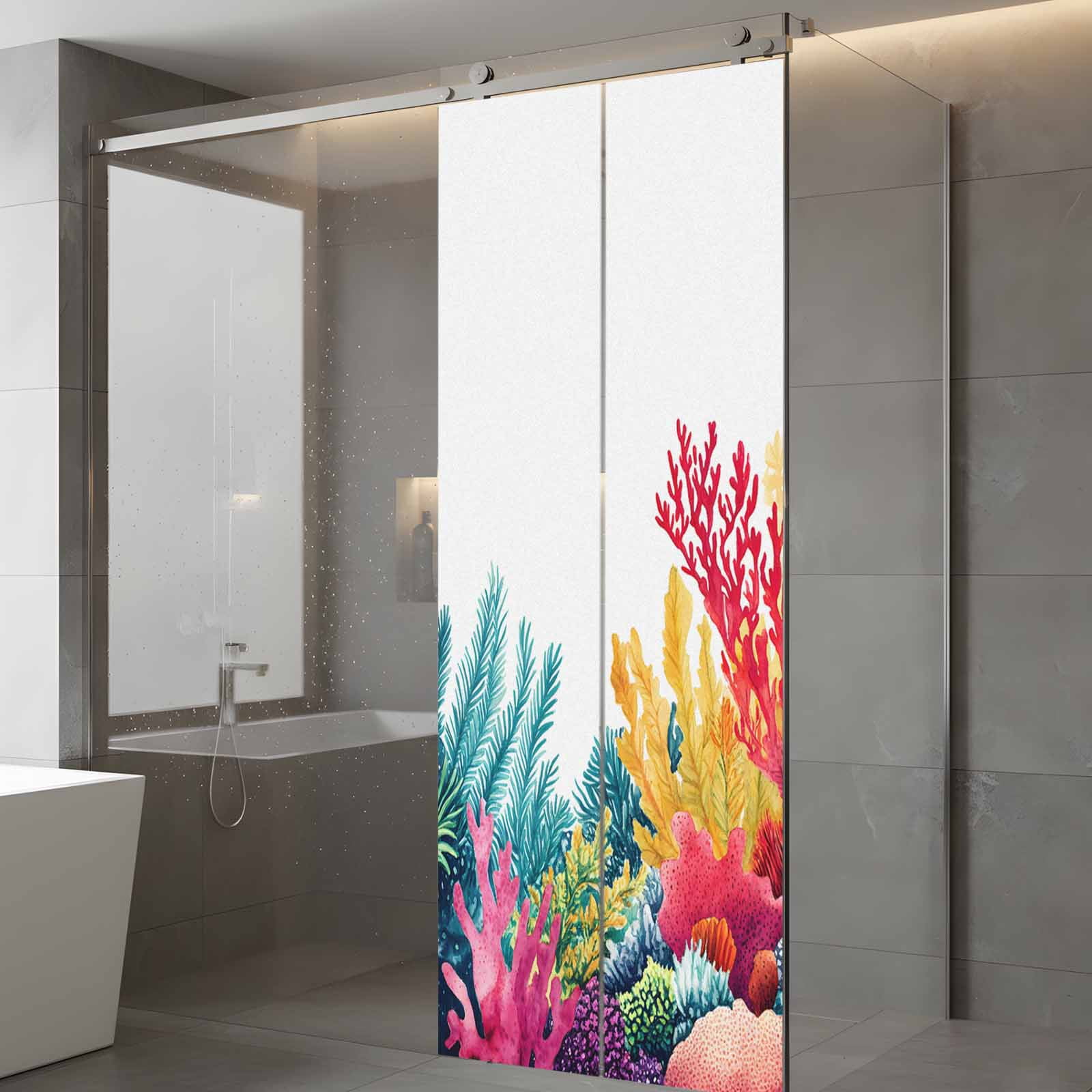 Ocean Coral Window Privacy Film, Summer Underwater Plant Watercolor Style Coastal Frosted Glass Window Clings Static Cling UV Heat Blocking Reusable Door Sticker for Bathroom 23.6 x 59 Inch