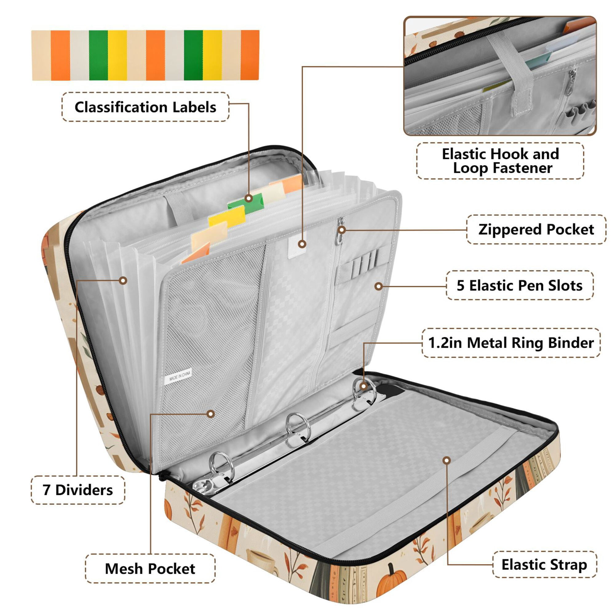 FORMRS Accordion File Folder A4 Size 7-Pocket Expanding Document Organizer Bag with 3 Ring Binder, Fall Book Shelf