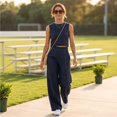 thumbnail image 6 of CIENVNSTG Workout Sets For Women Sleeveless Crop Top Wide Leg Pants 2 Piece Outfit Cruise Travel Beach Vacation Clothes With Pocket L, 6 of 7