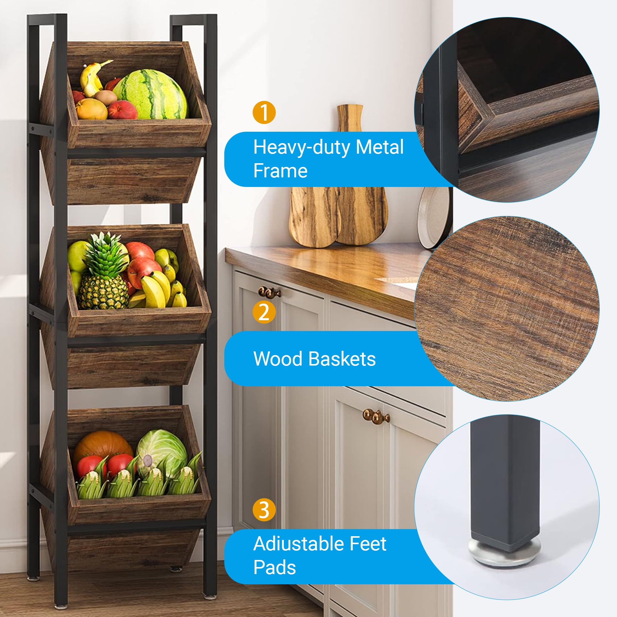 Kiootto  15" Industrial 3-Tier Storage Bin Organizer, Rustic Brown Wooden Vertical Stand with Angled Baskets for Kitchen, Pantry, and Bathroom, Black Frame