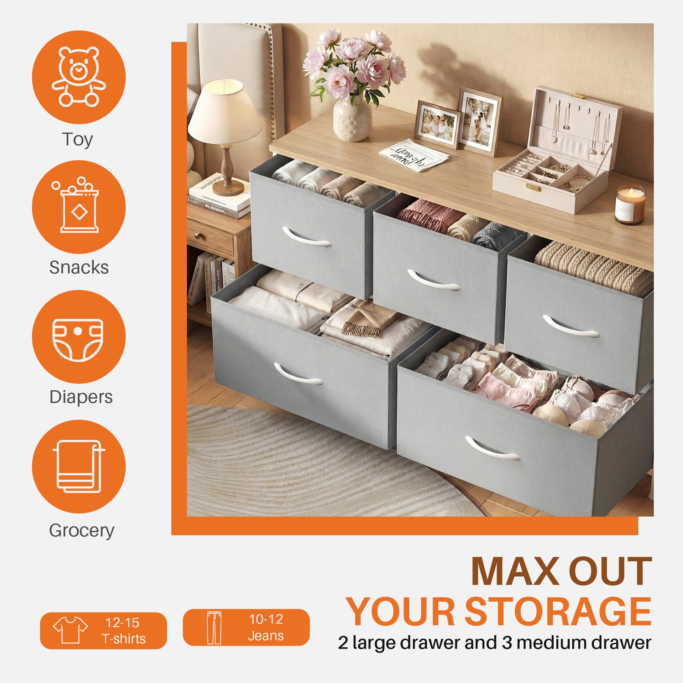 CONCETTA Dresser 5 Fabric Storage Drawer Dresser, TV Stand, Chest of Drawers for Bedroom, Closet, Entryway, Living Room, Light Gray