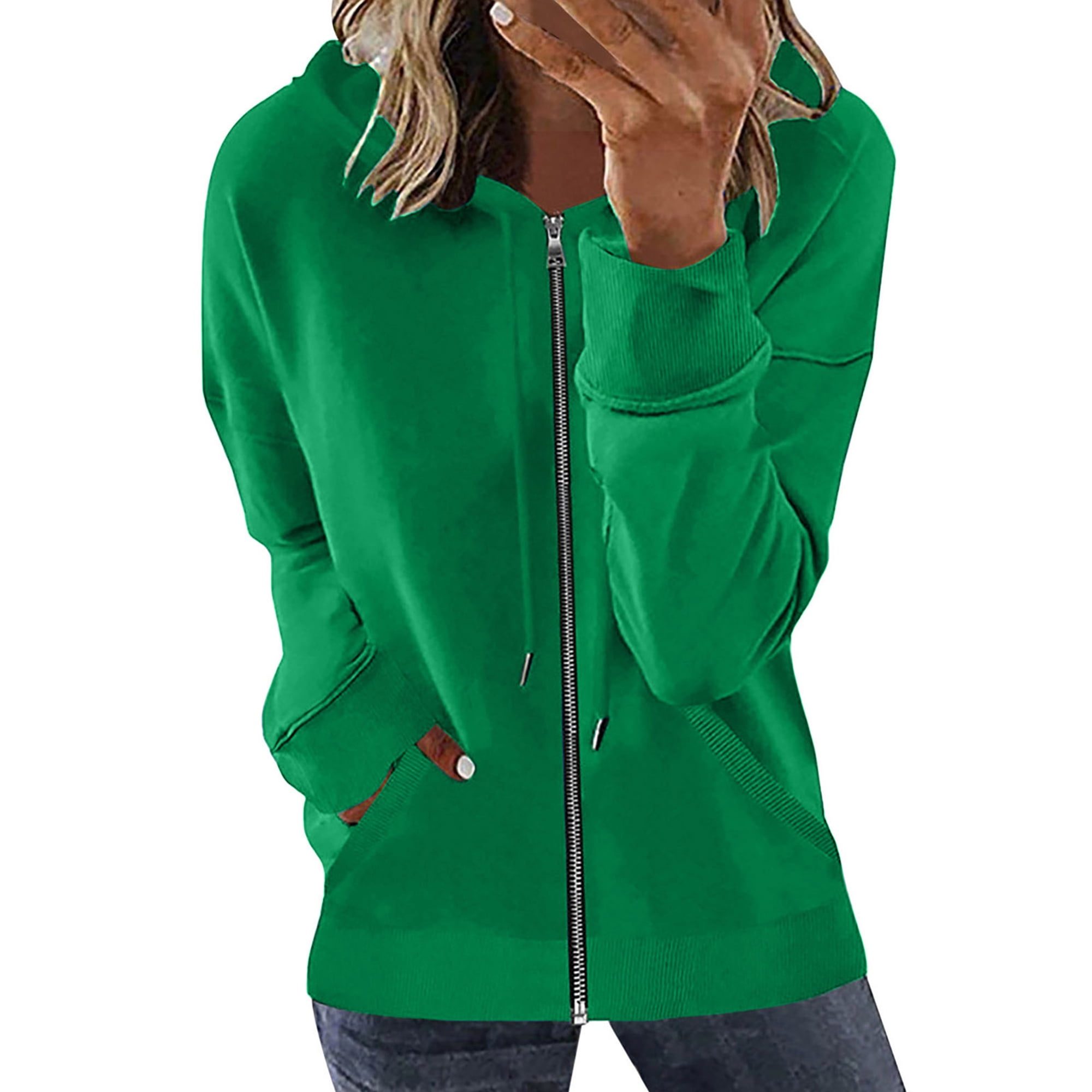MAWCLOS Ladies Hoodie Jacket Drawstring Hoodies Long Sleeve Hooded Sweatshirts Casual Winter Zip Up Hood Sweatshirt Green 2XL