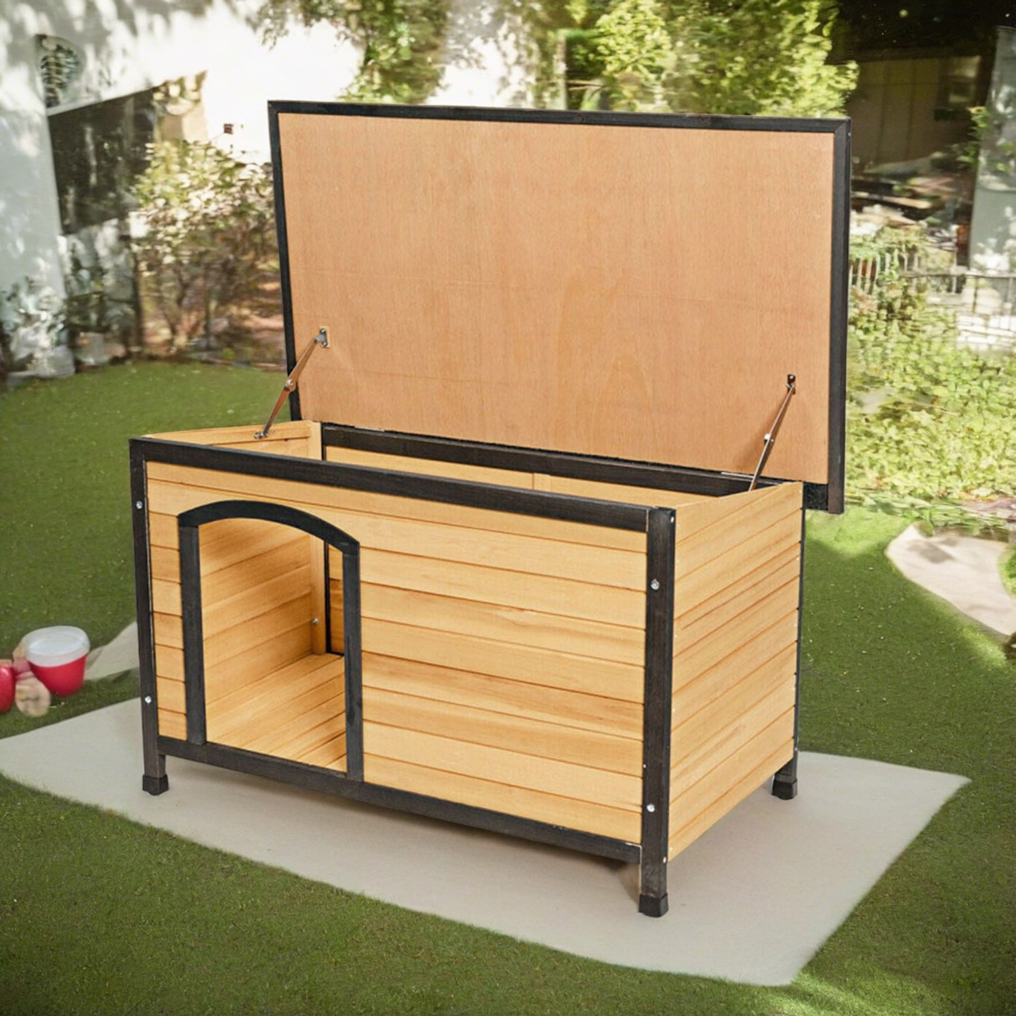 Pefilos 45" Outdoor Wood Dog Houses with Hinged Roof for Medium Dogs, Weatherproof Pet Cat House, Removable Floor, Beige Pefilos 45" Outdoor Wood Dog Houses with Hinged Roof for Medium Dogs, Weatherproof Pet Cat House, Removable Floor, Beige