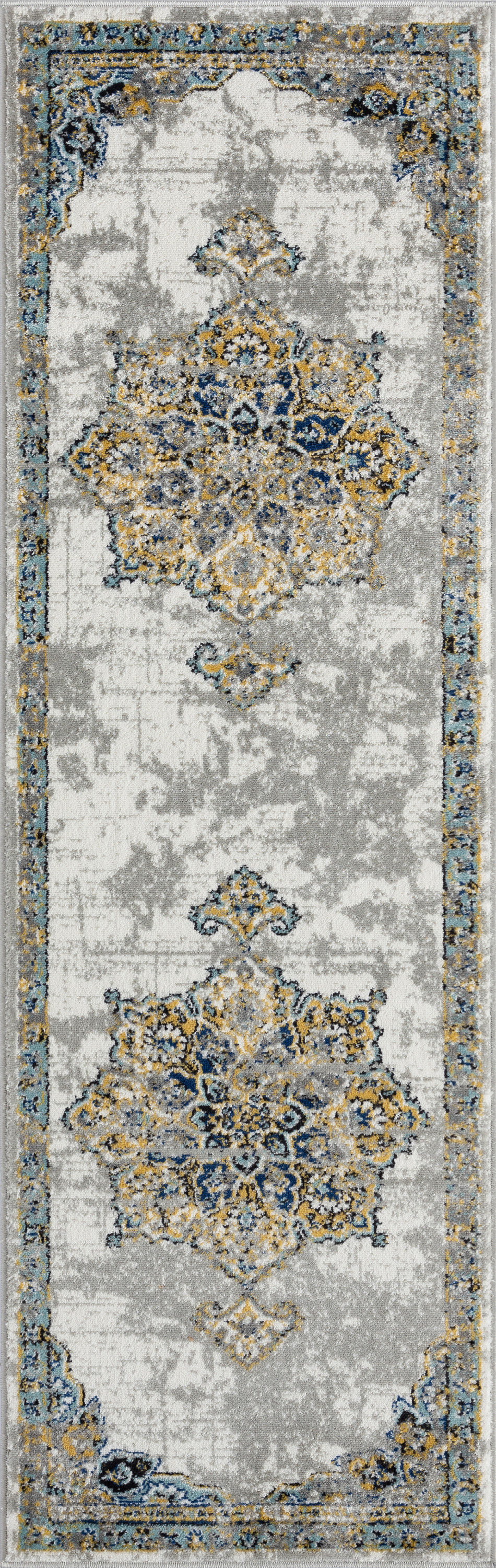 Traditional 2x8 Area Rug (2'3'' x 7'3'') Medallion Cream, Blue Indoor Runner Easy to Clean