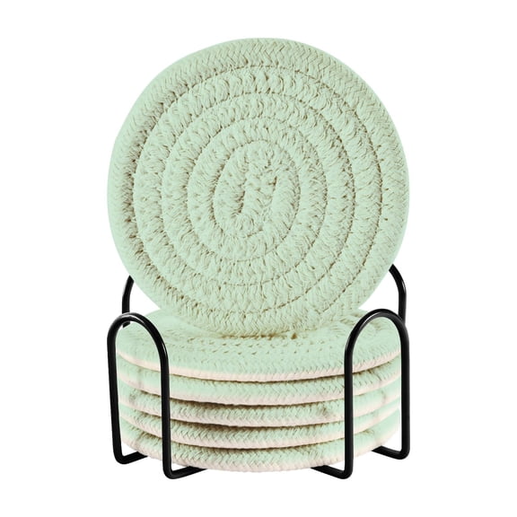 Pastel Green Coasters with Holder for Coffee Table 6 Pcs Drink Coaster Sets Absorbent for Home Decor 4 inch
