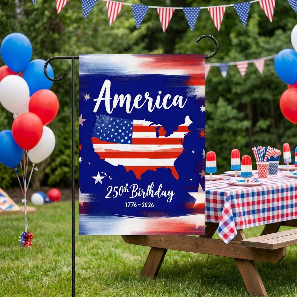 God Bless America Garden Flag A Map of the United States with the Words America on it. for Patriotic Yard Flag 250th Birthday 1776-2026 Outdoor Fourth of July Decoration 28x40 Inch Large