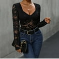 thumbnail image 4 of Oplxuo Long Sleeve Bodysuits for Women Floral Lace Sexy Deep V Neck Sheer Mesh Bodysuit Tops See Through Leotards, 4 of 7