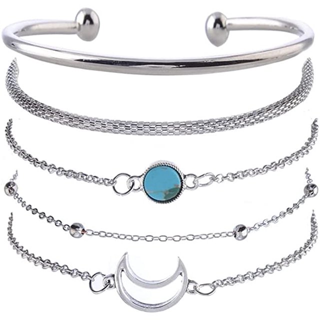 Juego de 5 pulseras de mano de luna plateada con pulsera de cadena de mano de turquesa y cuentas para mujeres y niñas Rojo Verde MX-0133787FYD