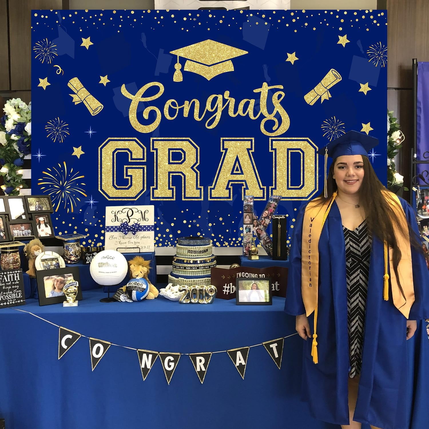 5*3ft 2024 Golden Deep Blue Congrats Grad Graduation Backdrop Glitter Printed Bachelor Cap Photography Background Cloth Confetti Fireworks Little Star Printed Banner for Grad Congrats Prom Party Decor
