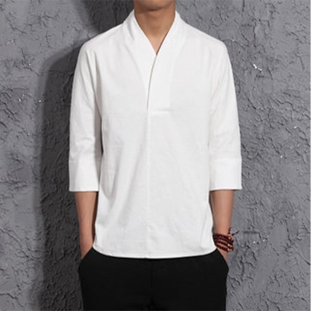 Chemises pour Hommes, Mode en Lin Tendance Décontractée Coupe Ajustée à Manches Courtes Sept Points Col en V