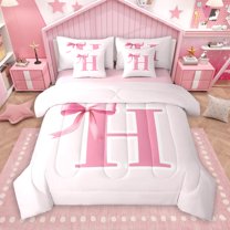 Manfei Letter H Monogrammed 7-Piece Twin Bedding Sets,Cute Cartoon Bowtie Bedding Comforter Set,Pink Bow Tie Sheet Sets For Girls Kids,Microfiber Room Decorative Reversible