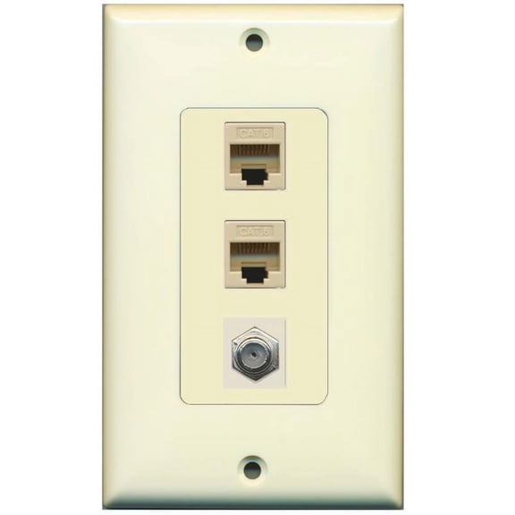 RiteAV Decorative 1 Gang Wall Plate (Light Almond) 3 Port - 2 x Cat6, 1 x Coax