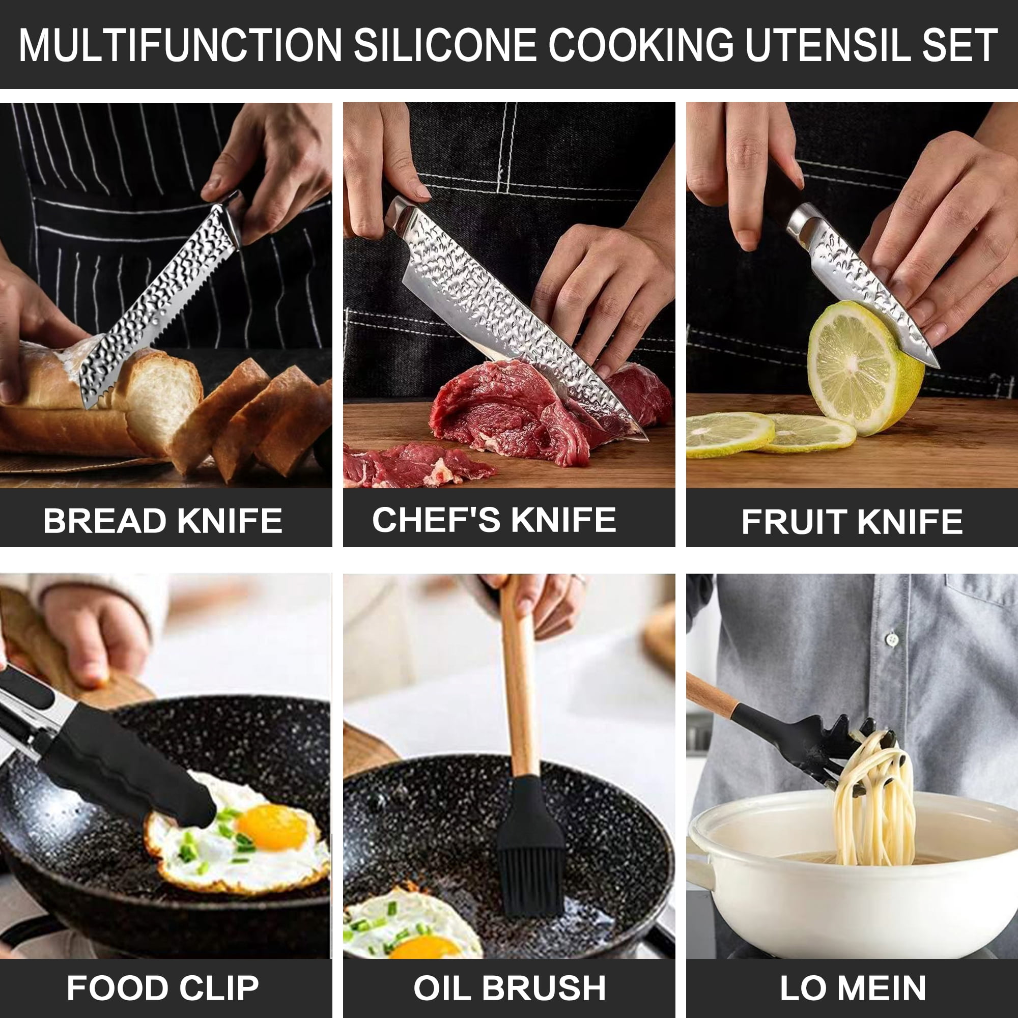 HEESEM 23 PCS Silicone Utensils Kitchenware Set with Removable Knife Cover, Non-Stick Heat Resistan Tools-Black