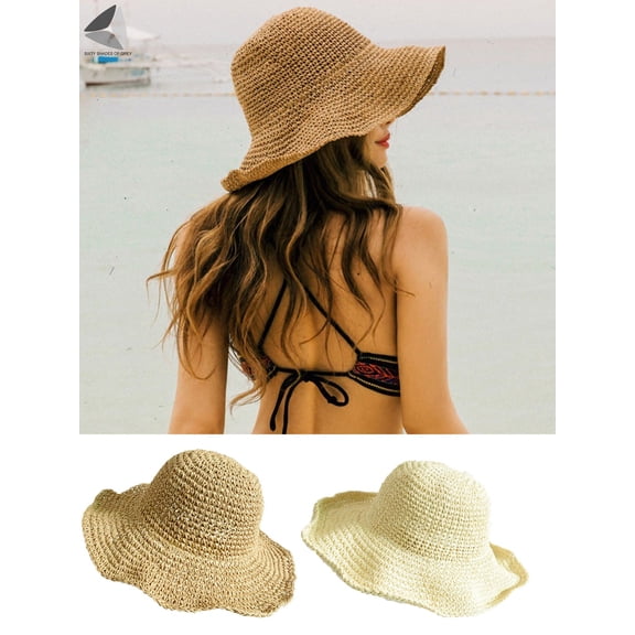 PULLIMORE Womens Casual Beach Straw Hats Foldable Floppy Wide Brim Summer Cap with Adjustable Strap (Khaki)
