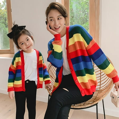 

Baby products Daughter Family Sweaters Autumn Long Sleeve Rainbow Stripe Sweater Cardigan Casual Knit Cardigans Family Matching Clothes