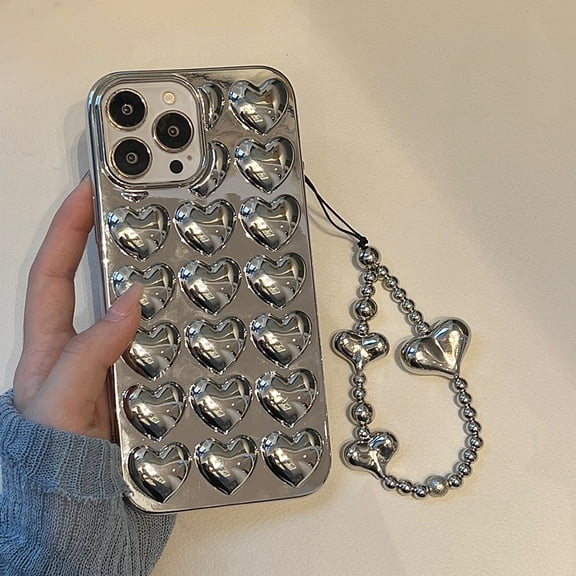 Stylish 3D heart plated silver phone case for iPhone 13 12 11 pro XS Max mini XR 7 8 plus se2020 Korea love bracelet phone cover