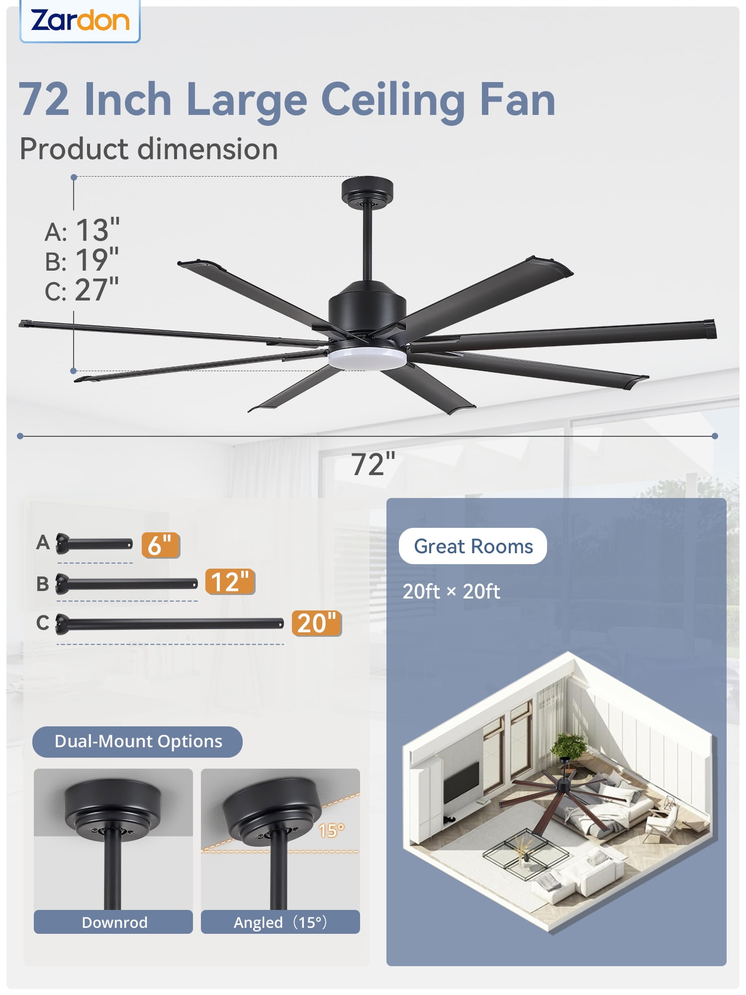 Zardon 72 in Large Ceiling Fans with Light and Remote, Modern Ceiling Fan with 6 Speed Reversible for Indoor, Outdoor, Black