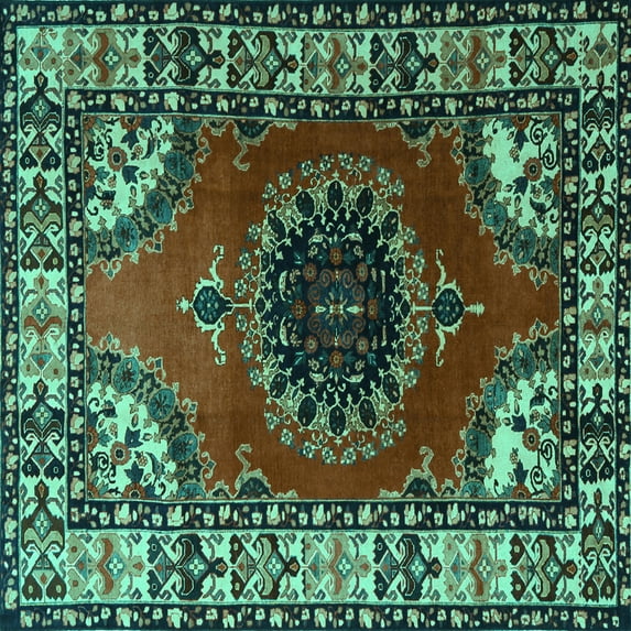 Ahgly Company Indoor Square Medallion Turquoise Blue Traditional Area Rugs, 7' Square