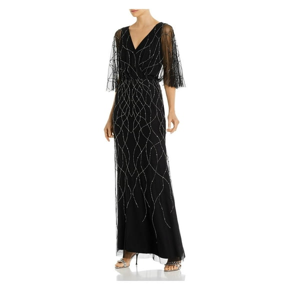 ADRIANNA PAPELL Womens Black Embellished Zippered Sheer Elbow Flutter-sleeve Surplice Neckline Maxi Formal Dress 10
