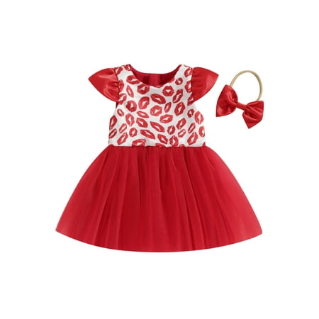 

Qtinghua Infant Baby Girls Valentine’s Day Outfits Short Sleeve Lips Print Tulle Dress with Headband Clothes Red 9-12 Months