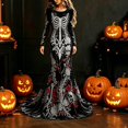 thumbnail image 2 of Xijirk Women Halloween Skull Rose Embroidered Maxi Dress Long Sleeve Round Neck Velvet Trailing Hem Outfit for Cosplay Party Festival Casual Gathering Wear,M, 2 of 4