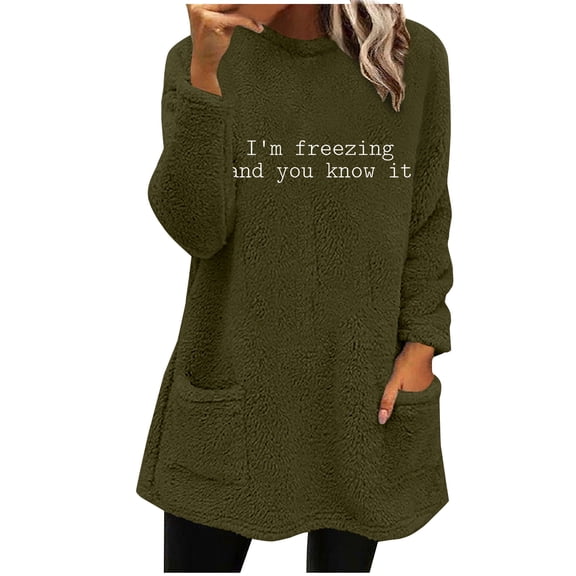 WREESH Womens Fashion Sweatshirt Fuzzy Fleece Crewneck Sweatshirt Print Pullover Plus Size Long Sleeve Tops Round- Neck And Winter Loose Pocket Warm Blouse Tops Olive Green