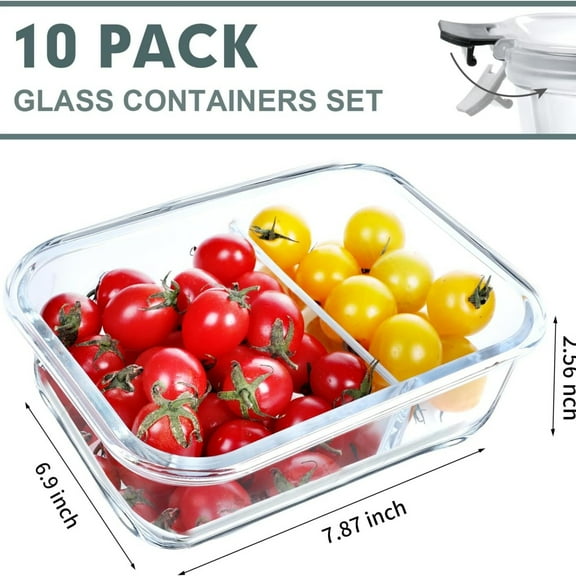 10 Pack Glass Meal Prep Containers 2 Compartment Set, 30 OZ Airtight Glass Lunch Containers, Glass Food Storage Containers with Lids, for Microwave, Oven, Freezer & Dishwasher Friendly，Grey