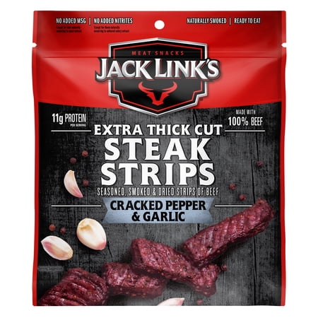 Jack Link's Extra Thick Cut Steak Strips Cracked Peppered & Garlic, Beef Jerky 2.6 oz.