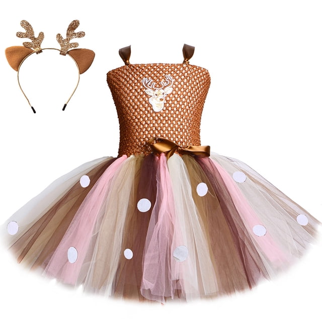Falda corta de reno linda y de moda, falda abullonada de malla hecha a mano para niños, vestido de niña navideña con diadema