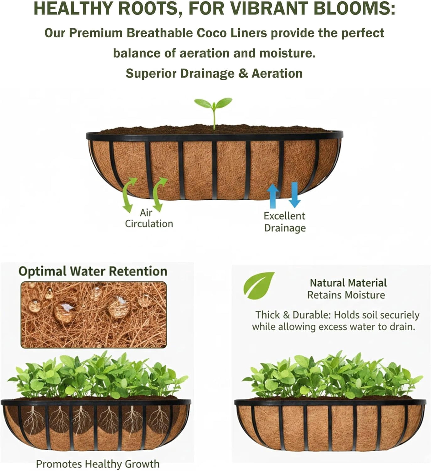 16“ Window Box Railing Planter with Coco Liner Metal Wall-Mounted Coconut Liner Planter Basket English Horse Trough Planters for Outdoor Deck Balcony Porch Fence Patio Black (2 Pack)