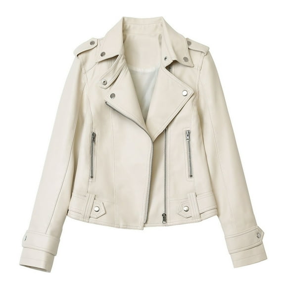 Women Jacket Faux Leather Smooth Surface Turn-down Collar Zip-up Zipper And Rivet Decor Long Sleeves Motorcycle Coat Travel Outerwear