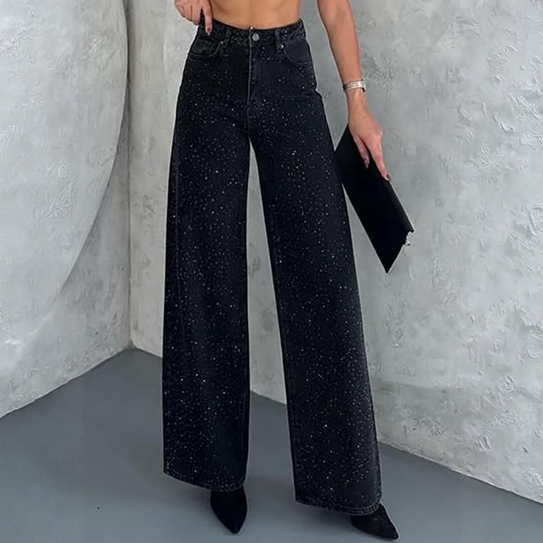 GIPQJK Wide Leg Rhinestone Jeans High Waisted Y2k Straight Denim 