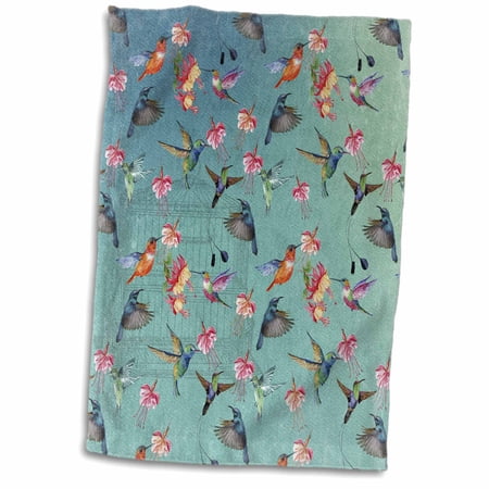 3dRose Floral Teal Vintage Watercolor Fuchsia Pattern With Hummingbirds - Towel, 15 by 22-inch