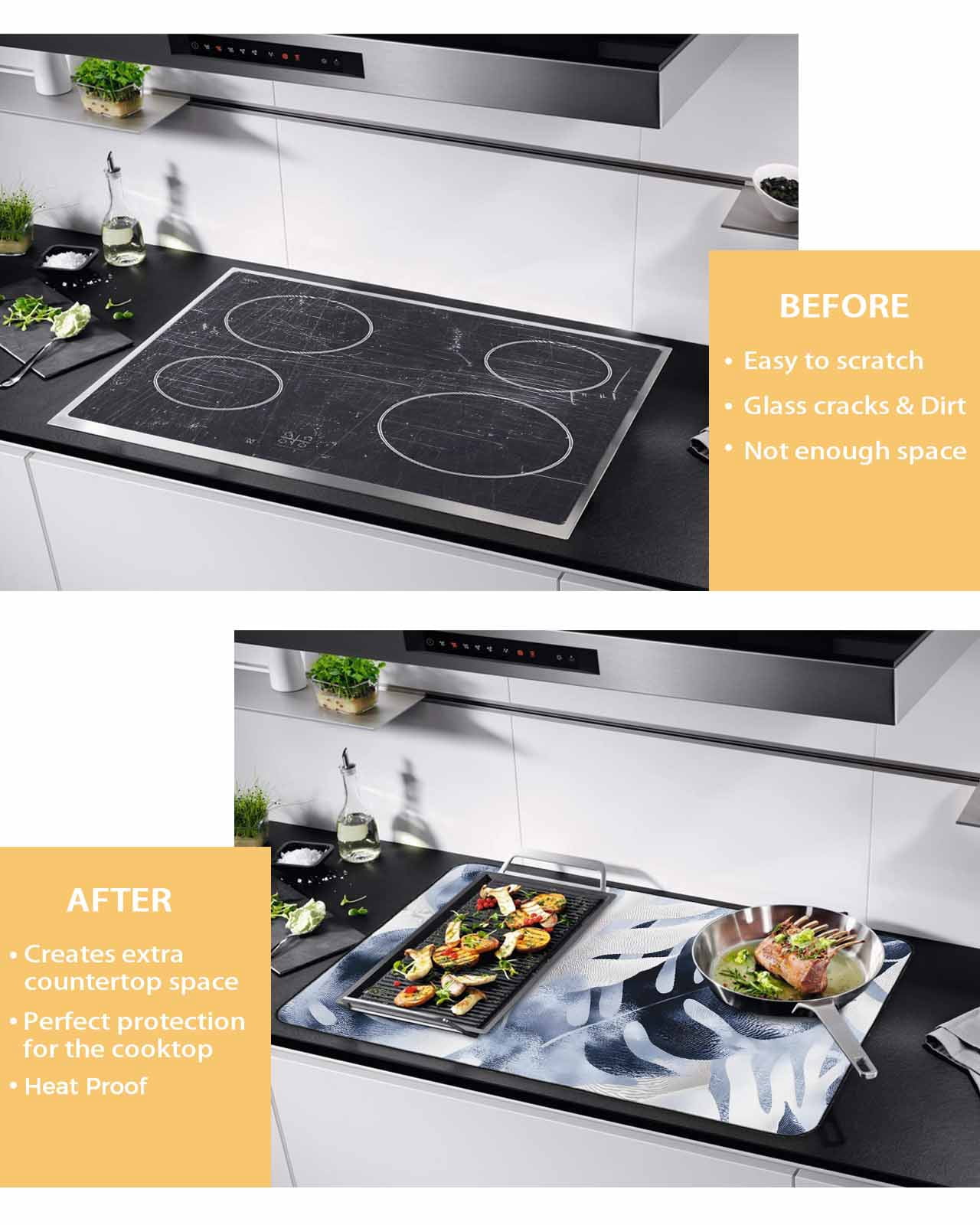 nqOlkjepod Large Induction Cooktop Protector Mat 36"x21", Navy Blue Palm Leaves Stove Top Covers for Electric Stove, Tropical Botanical Vintage Stove Burner Cover Mats, Glass Top Stove Cover