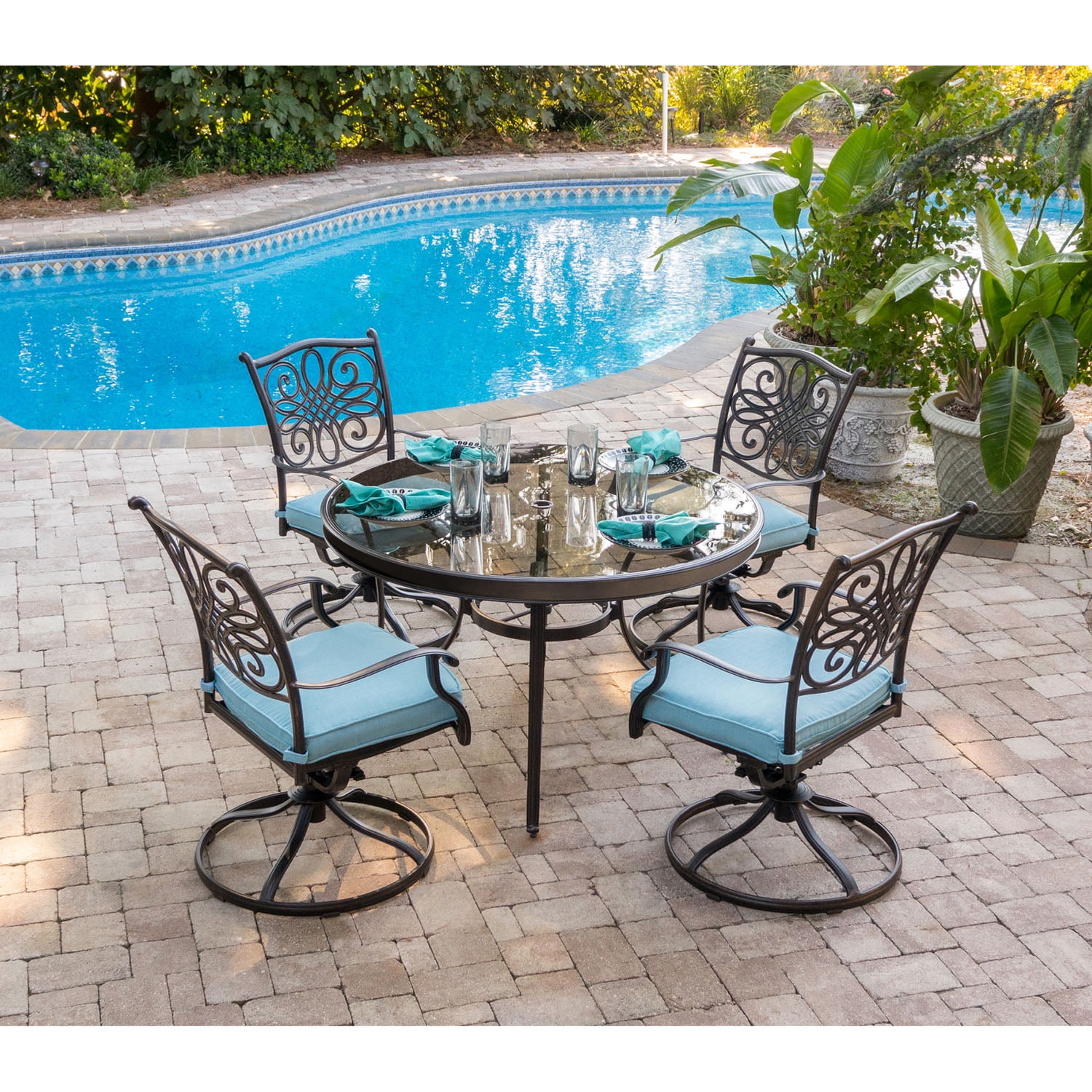 Cambridge Seasons 5-Piece Dining Set in Blue with 48 In. Glass-top Table