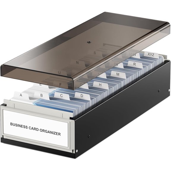 Black--Business Card Holder for Desk, Large Plastic Business Card Organizer Box, Credit Cards Holder File Box Storage, Capacity: 800 Cards (3.5” x 2.2”), A-Z Tabs, Metal Structure,