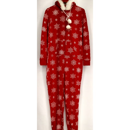 Bethany Mota Jr Size Jumpsuits S Zip Front Hooded Snowflake Print Red