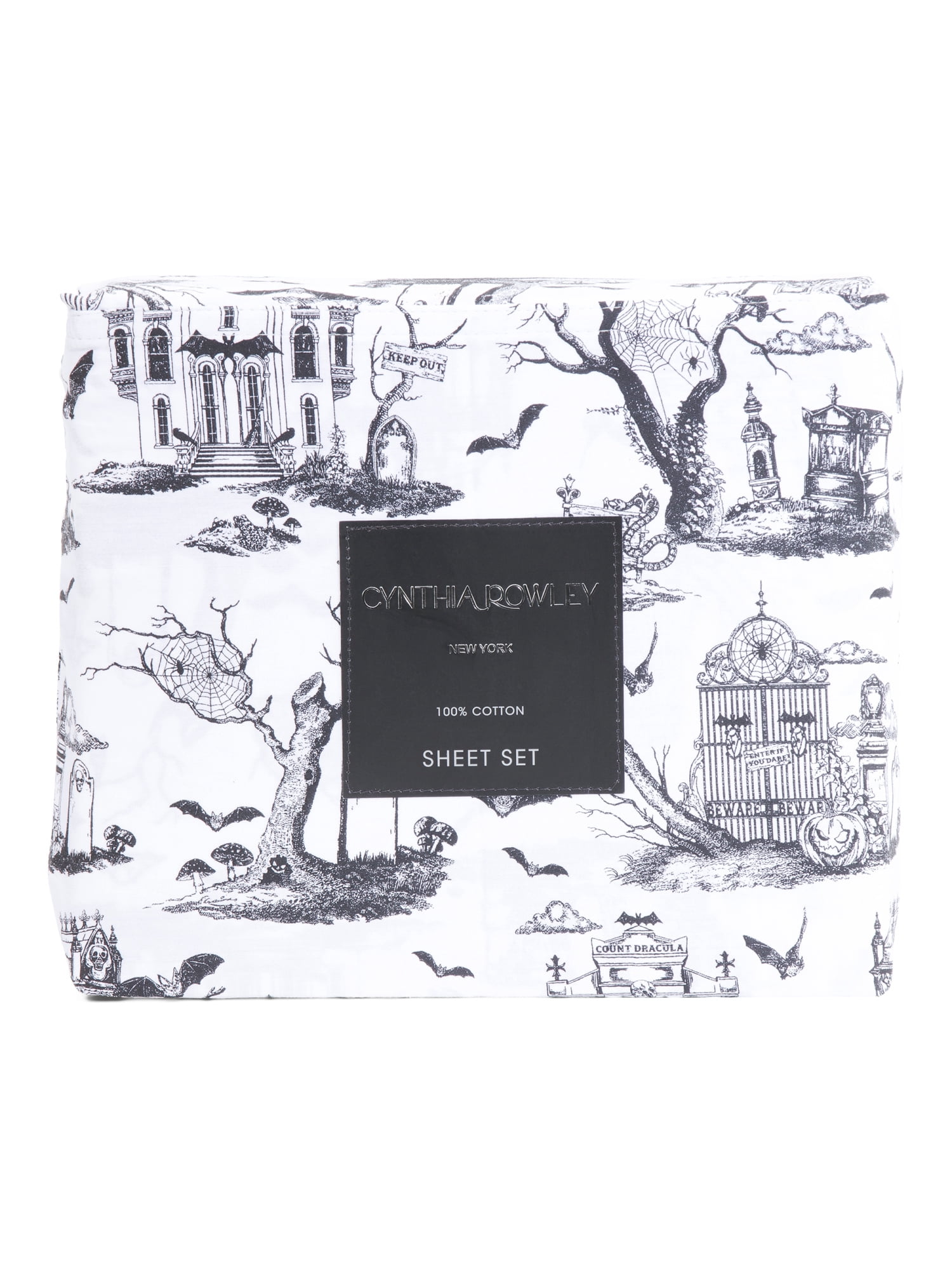 Cynthia Rowley Halloween Cotton Sheet Set, Black & White Haunted Toile, Queen